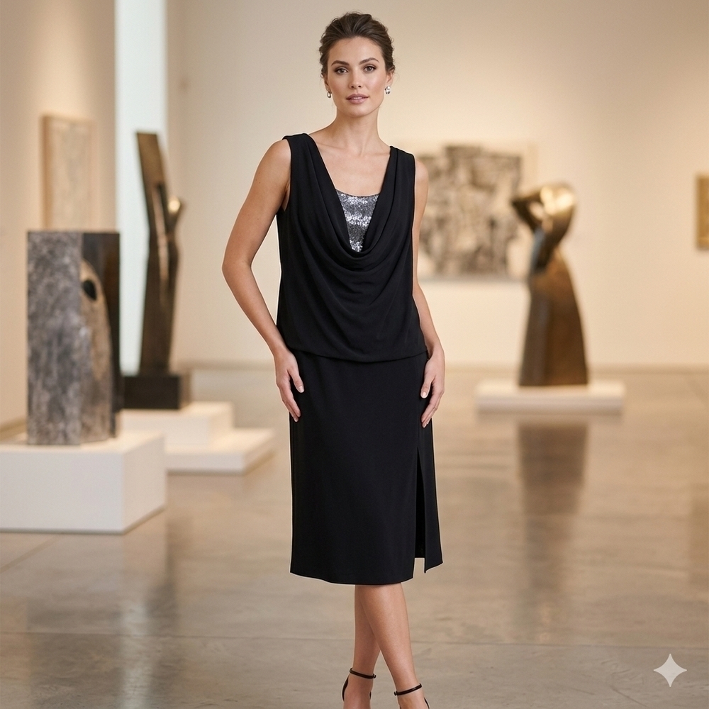 Cleo Sleeveless Cowl Neck Dress Midi With Sequins Size 14